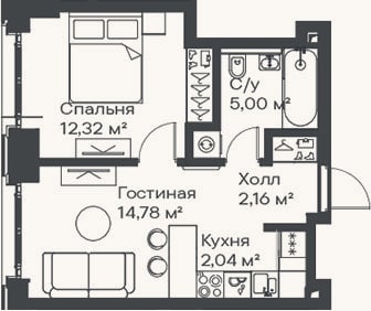 Планировка: 2-к, 36,3 м²