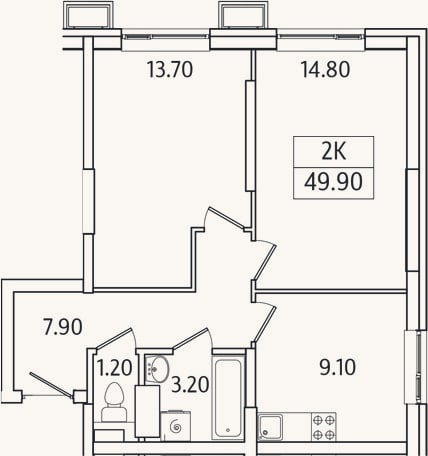 Планировка: 2-к, 49,9 м²