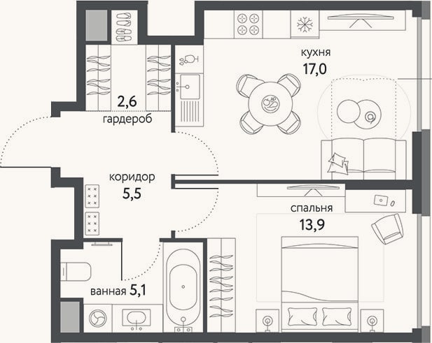 Планировка: 1-к, 44,1 м²