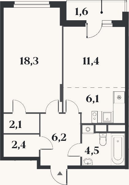 Планировка: 2-к, 51 м²