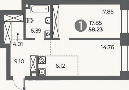 Планировка: 1-к, 58,2 м²
