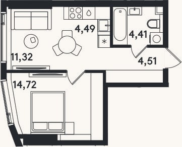 Планировка: 2-к, 39,5 м²