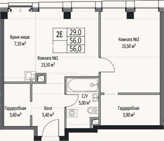 Планировка: 2-к, 56 м²