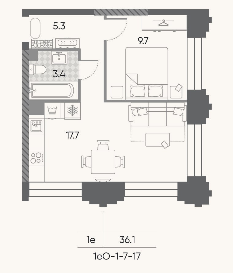 Планировка: 2-к, 36,1 м²