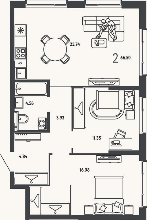 Планировка: 2-к, 66,5 м²