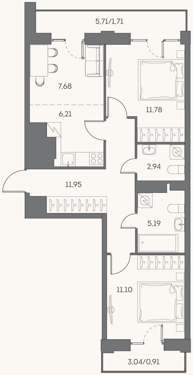 Планировка: 3-к, 56,9 м²