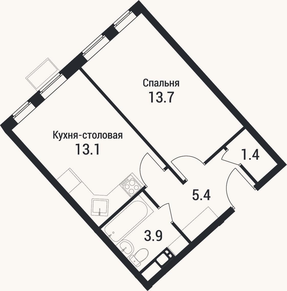 Планировка: 1-к, 37,5 м²