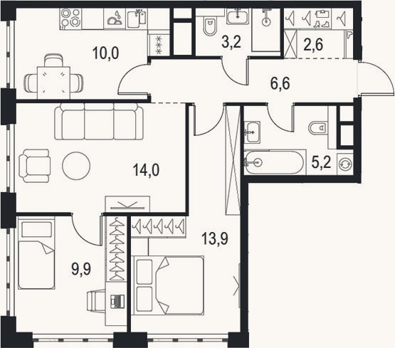 Планировка: 3-к, 65,4 м²