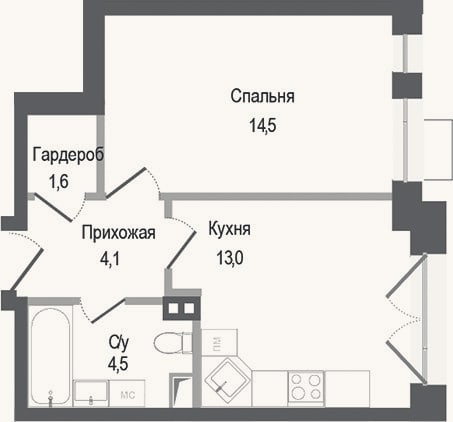 Планировка: 1-к, 37,7 м²