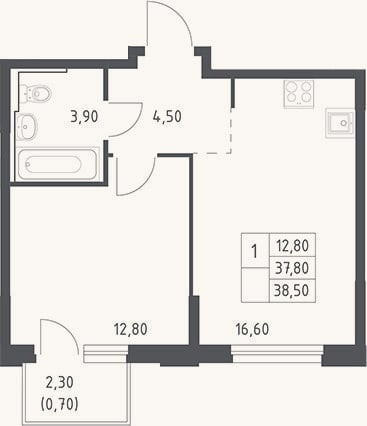 Планировка: 2-к, 37,8 м²