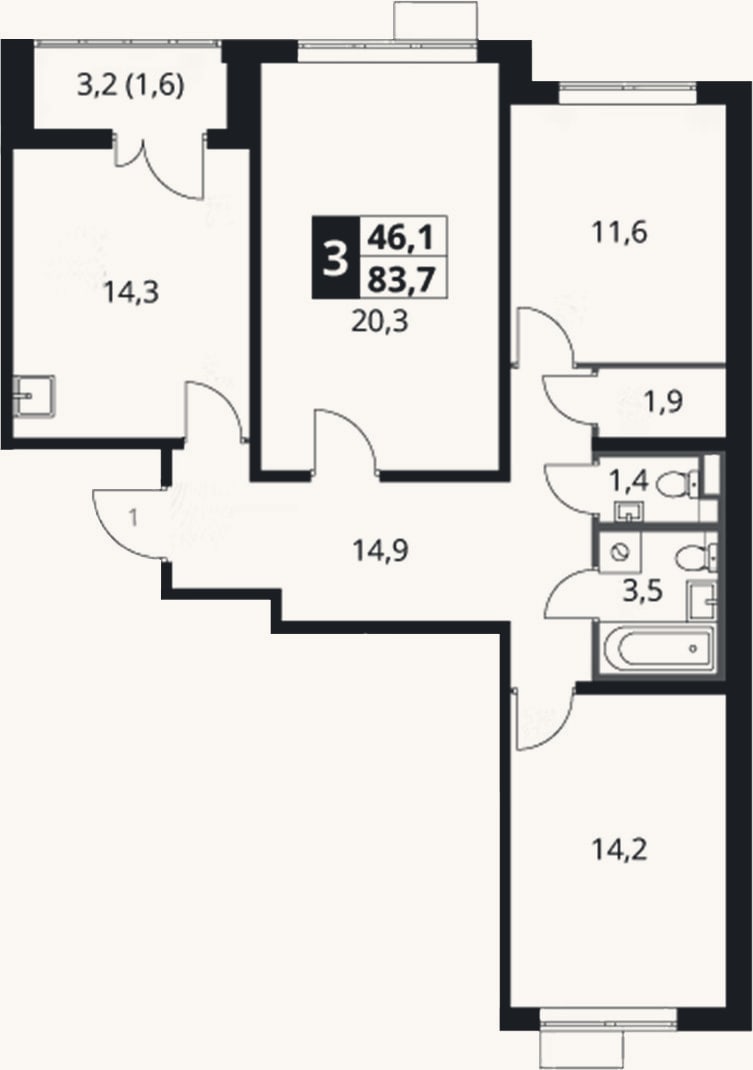 Планировка: 3-к, 82,1 м²