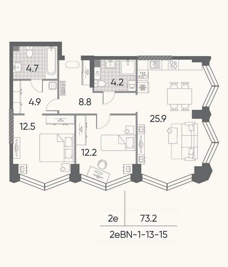 Планировка: 3-к, 73,2 м²