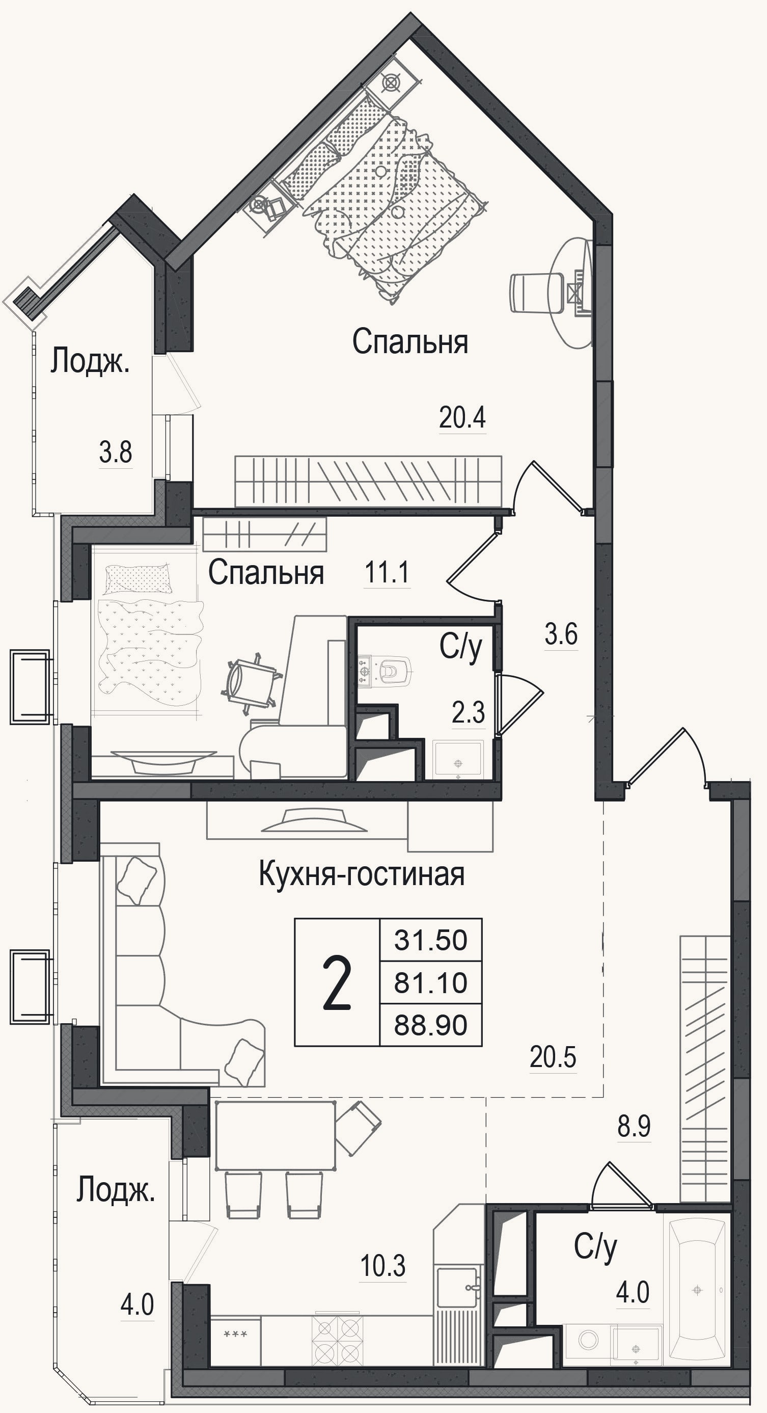 Планировка: 3-к, 82,4 м²