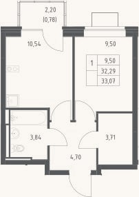 Планировка: 1-к, 32,3 м²