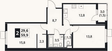 Планировка: 2-к, 58,4 м²