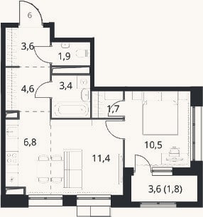 Планировка: 2-к, 43,9 м²