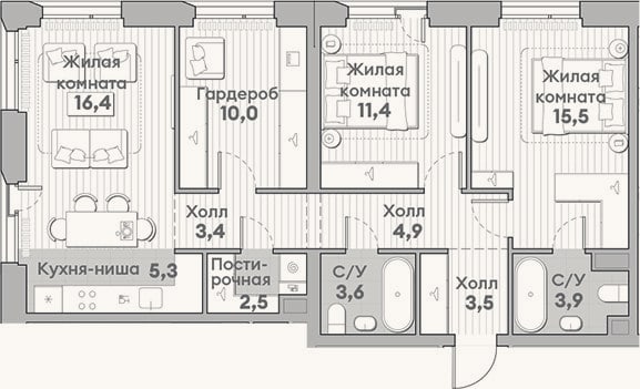 Планировка: 3-к, 80,1 м²