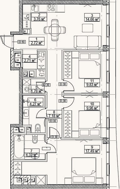 Планировка: 4+ к, 78,7 м²