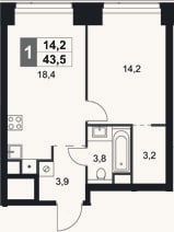 Планировка: 1-к, 43,5 м²