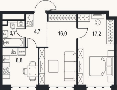 Планировка: 2-к, 50,4 м²