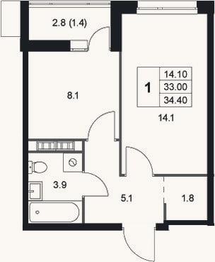 Планировка: 1-к, 33 м²