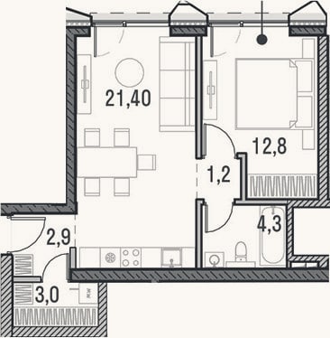 Планировка: 2-к, 44,8 м²