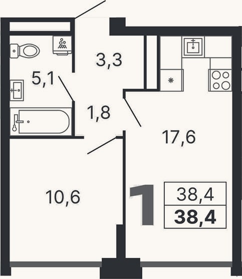 Планировка: 1-к, 38,4 м²