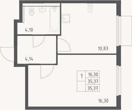 Планировка: 1-к, 35,4 м²