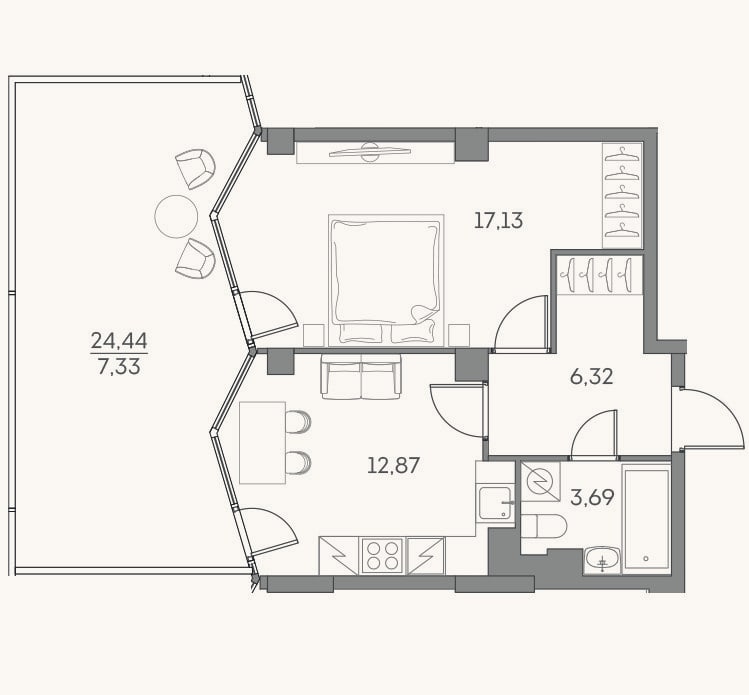 Планировка: 1-к, 40 м²