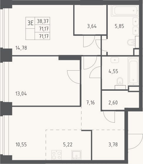 Планировка: 3-к, 71,2 м²