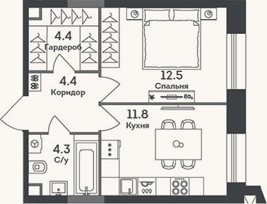 Планировка: 1-к, 37,4 м²