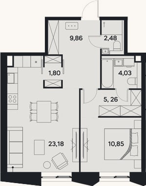 Планировка: 2-к, 57,5 м²