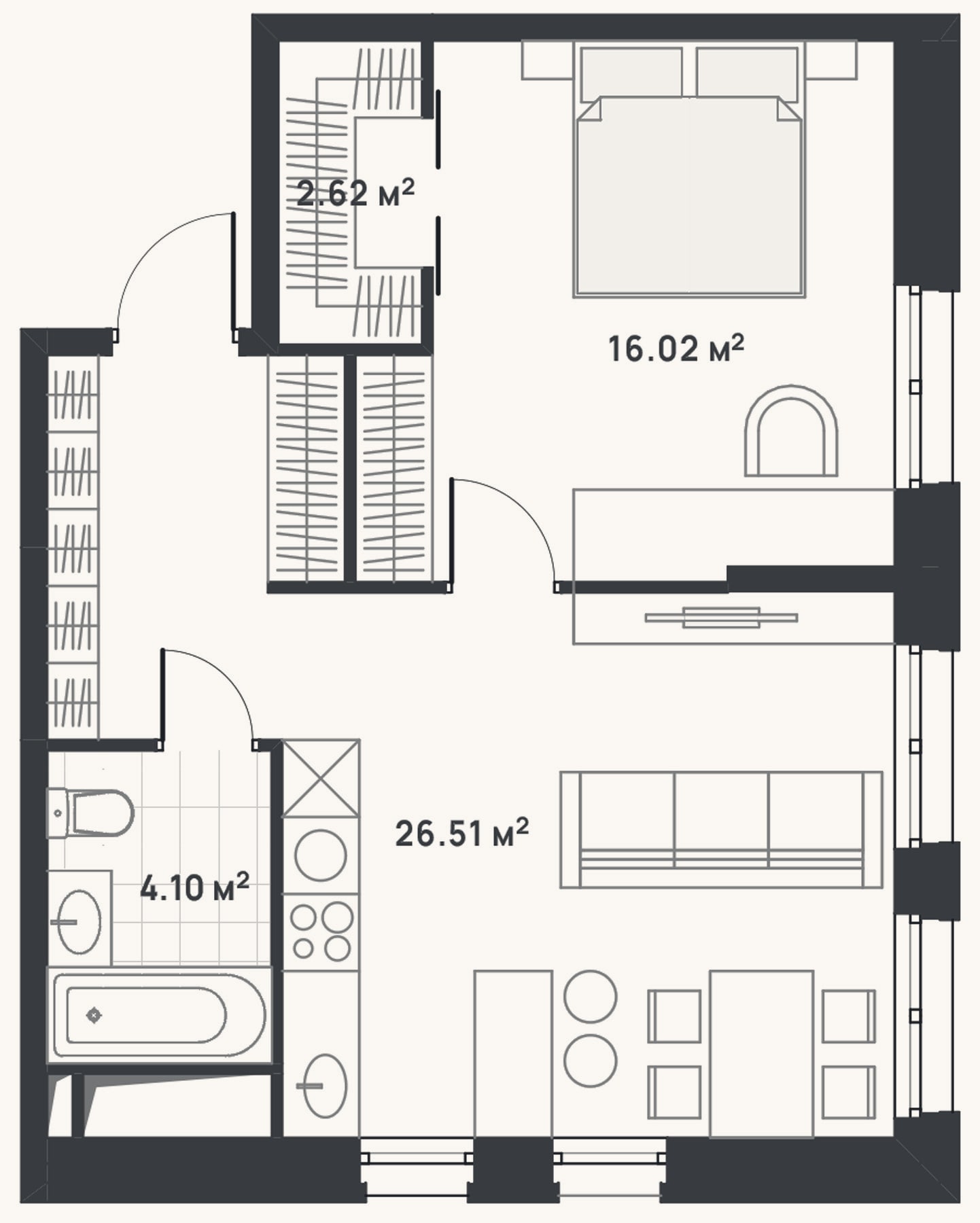 Планировка: 2-к, 49,3 м²