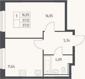 Планировка: 1-к, 37,1 м²