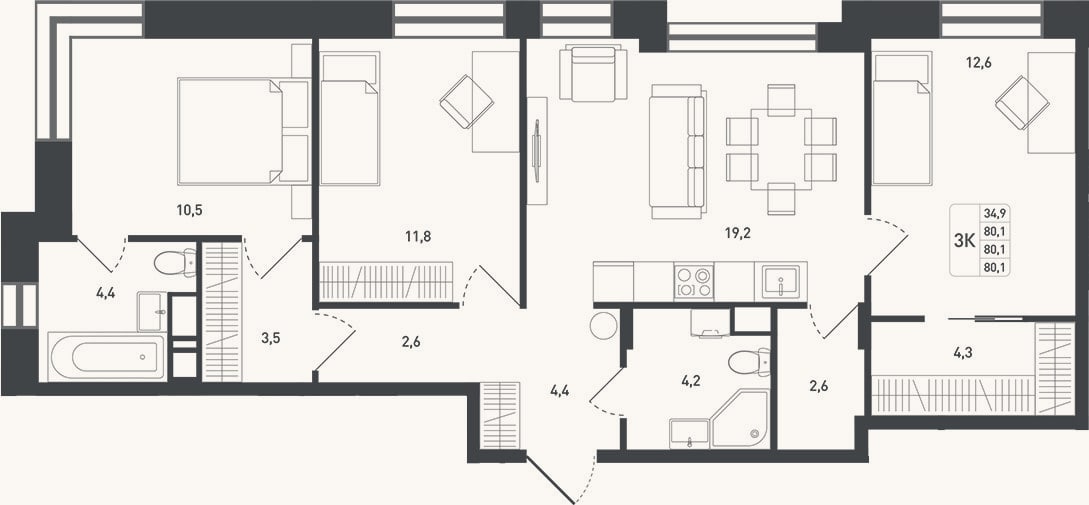 Планировка: 3-к, 84,9 м²