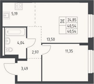 Планировка: 2-к, 40,5 м²