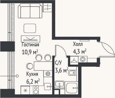 Планировка: Студия, 24,9 м²
