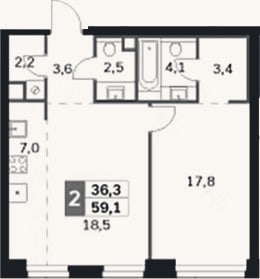 Планировка: 2-к, 59,1 м²