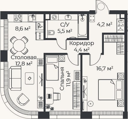 Планировка: 3-к, 64,1 м²