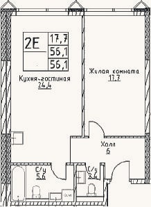 Планировка: 2-к, 56,1 м²