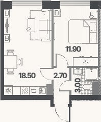 Планировка: 2-к, 36,1 м²