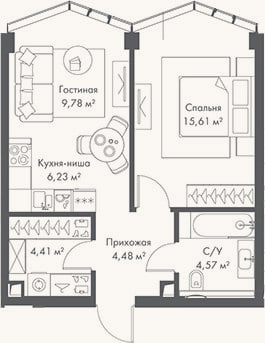 Планировка: 2-к, 45,1 м²