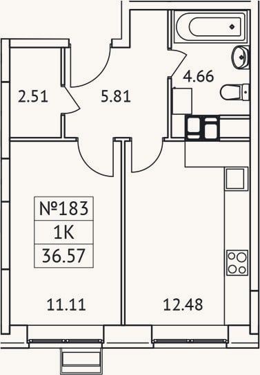 Планировка: 1-к, 36,6 м²