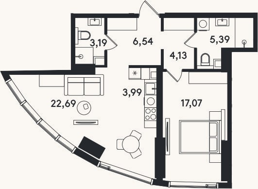 Планировка: 2-к, 63 м²