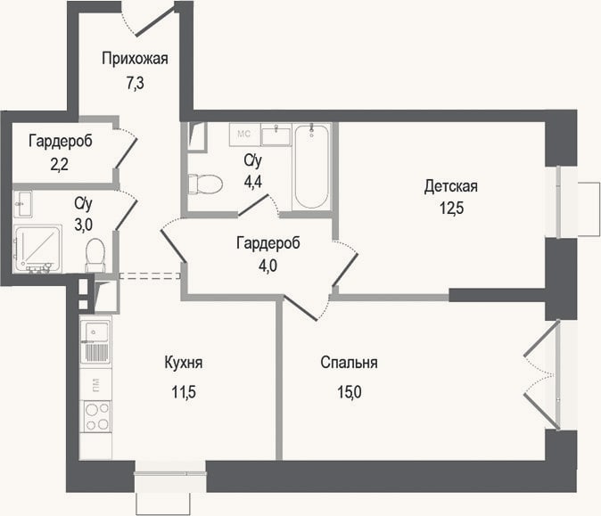 Планировка: 2-к, 59,9 м²