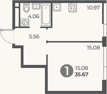 Планировка: 1-к, 35,7 м²