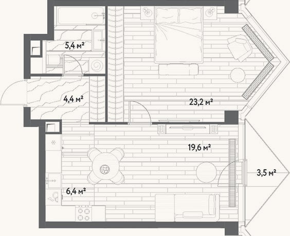 Планировка: 2-к, 59 м²