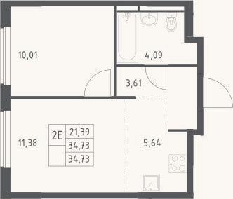 Планировка: 2-к, 34,7 м²