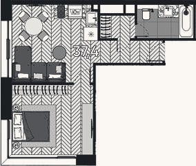 Планировка: 2-к, 37,4 м²