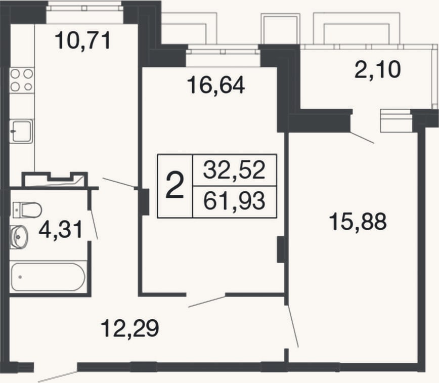 Планировка: 2-к, 59,8 м²
